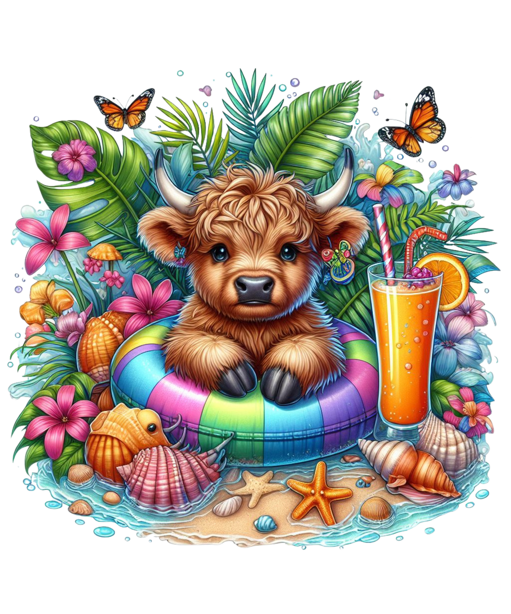 Summer Highland Cows on Floaties Graphic T-shirt S-5X