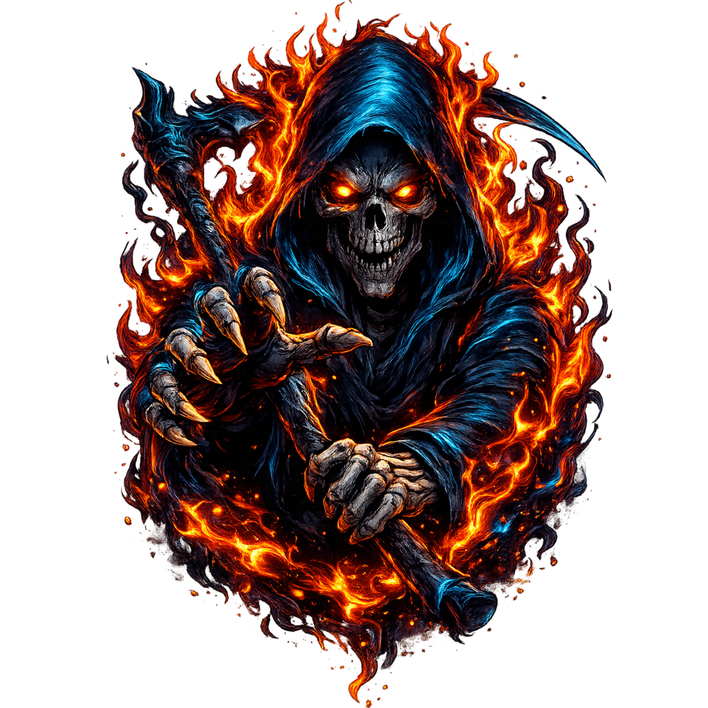 Grim Reaper Skull Fire Heat Transfer for Apparel Decoration
