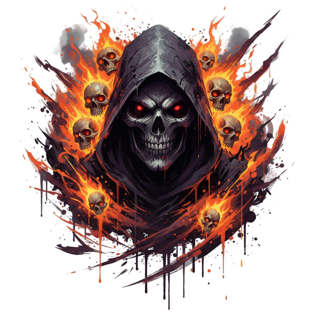 Grim Reaper Skull Fire Heat Transfer for Apparel Decoration