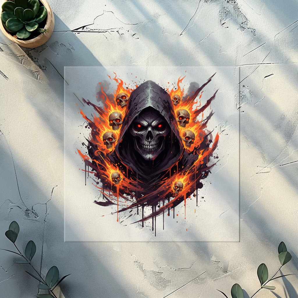 Grim Reaper Skull Fire Heat Transfer for Apparel Decoration