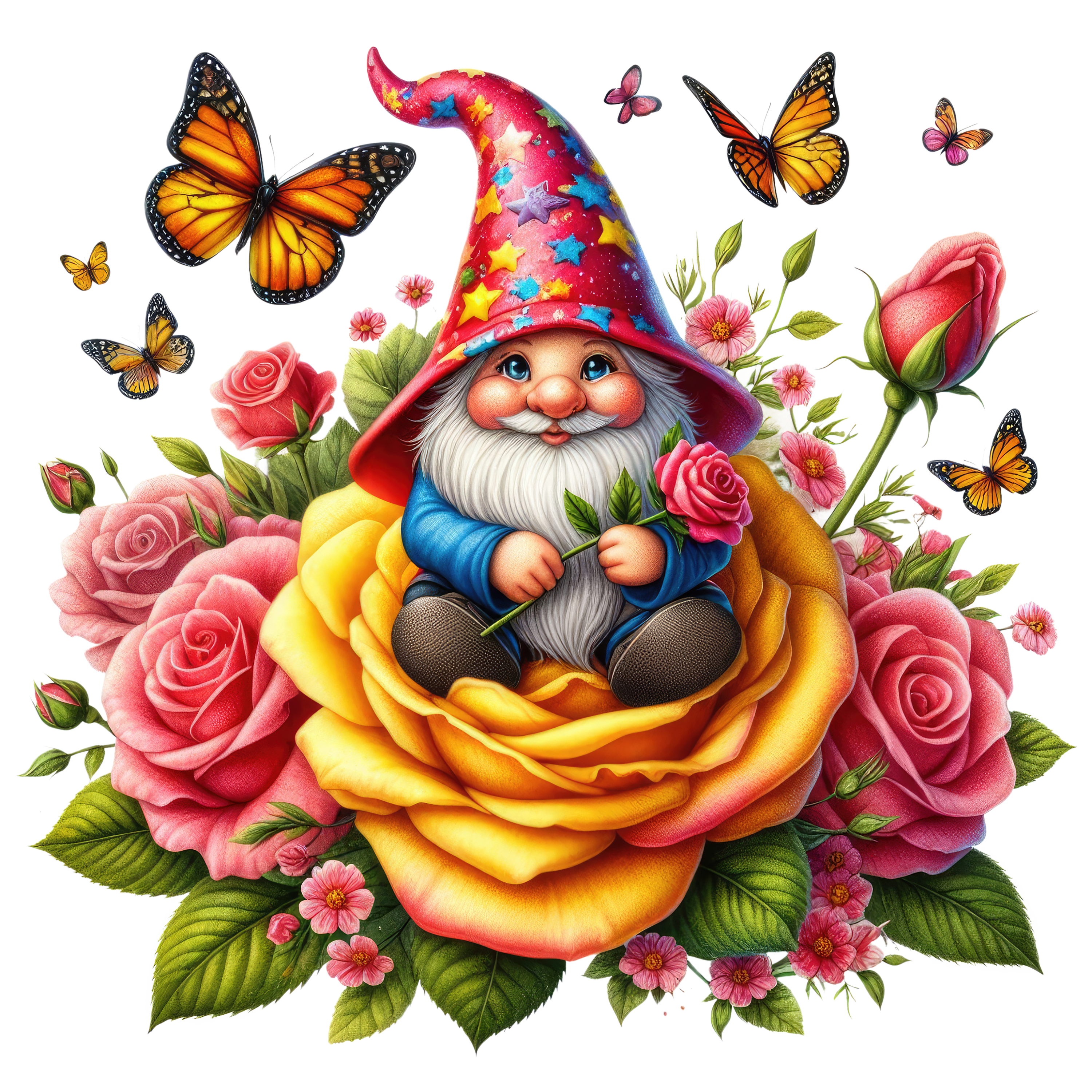 Gnomes and Roses DTF Transfer: Vibrant Fabric Appliques for Custom Apparel