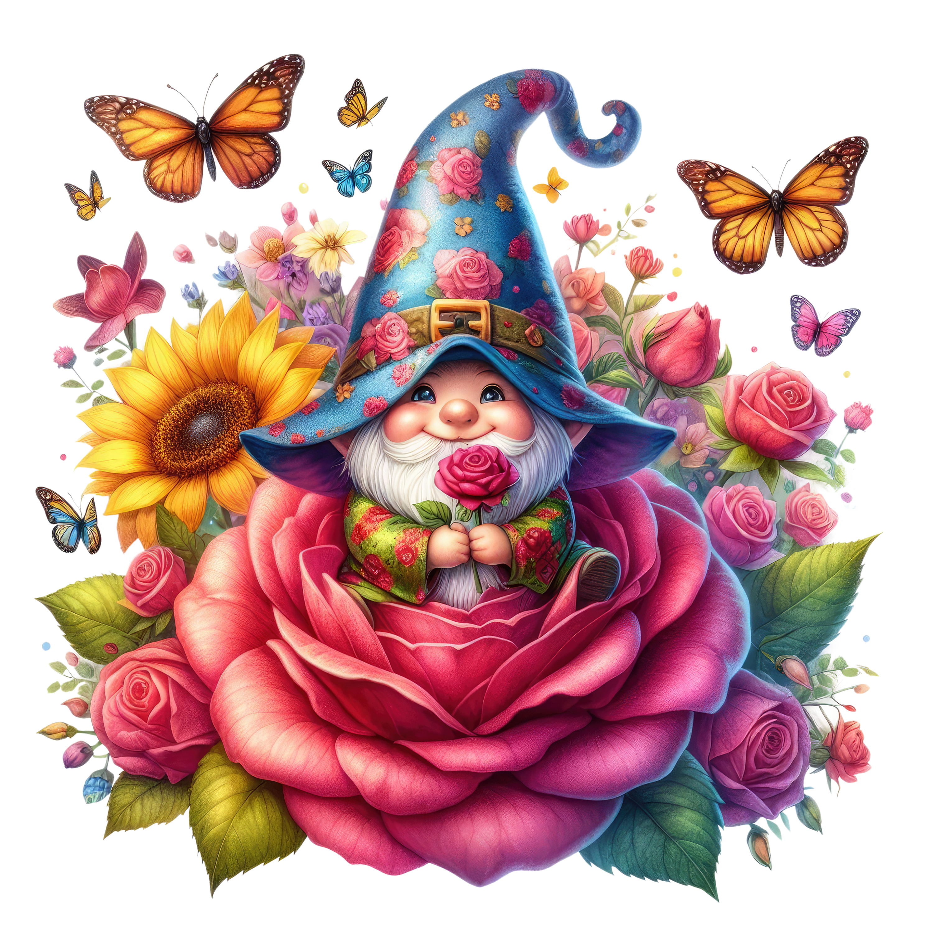 Gnomes and Roses DTF Transfer: Vibrant Fabric Appliques for Custom Apparel