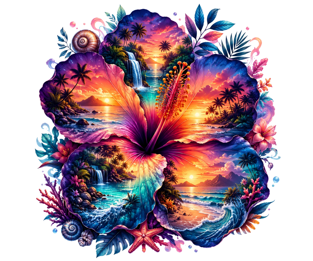 Double Exposure Tropical Hibiscus Heat Transfer Ready to Press