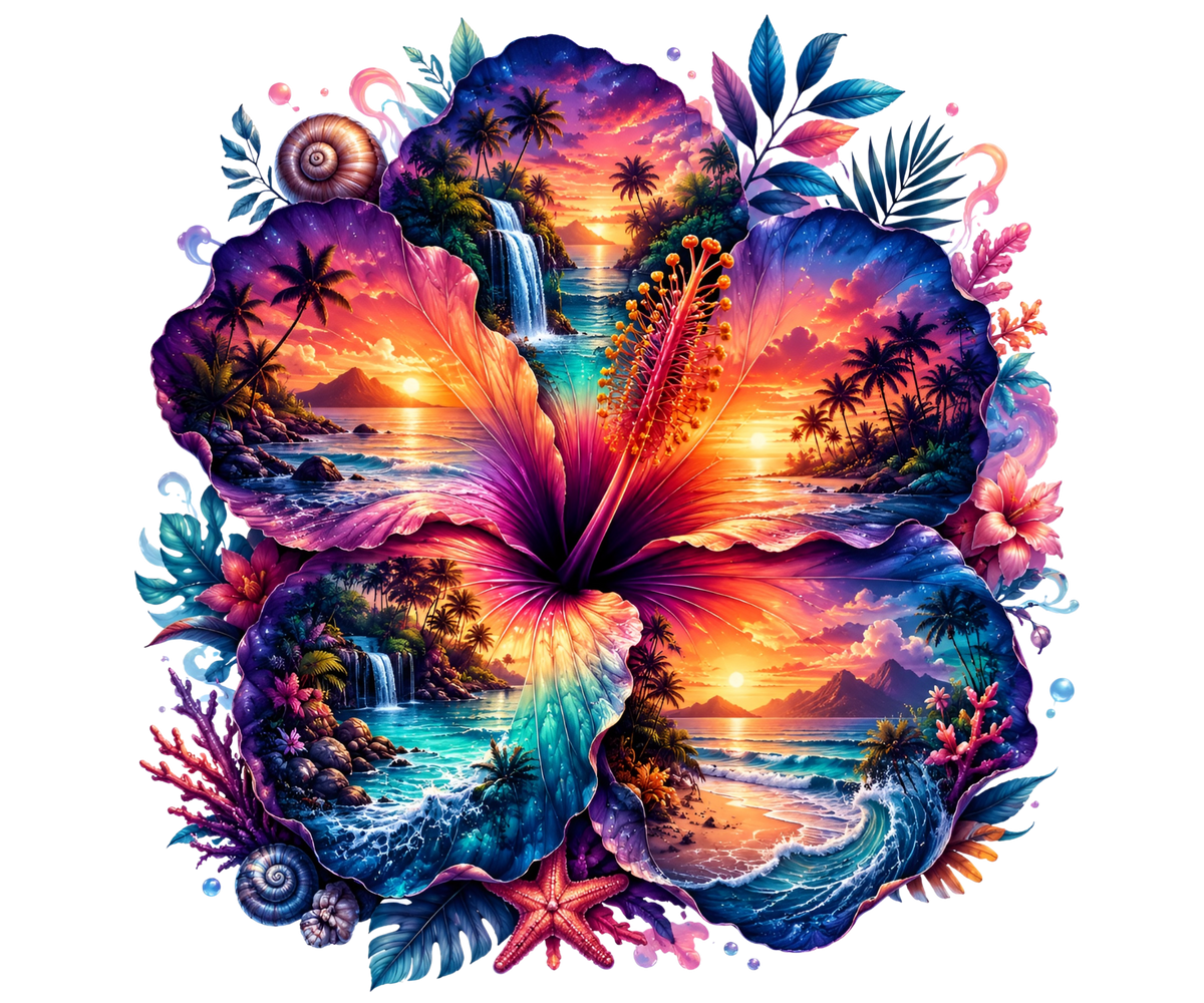 Double Exposure Tropical Hibiscus Heat Transfer Ready to Press