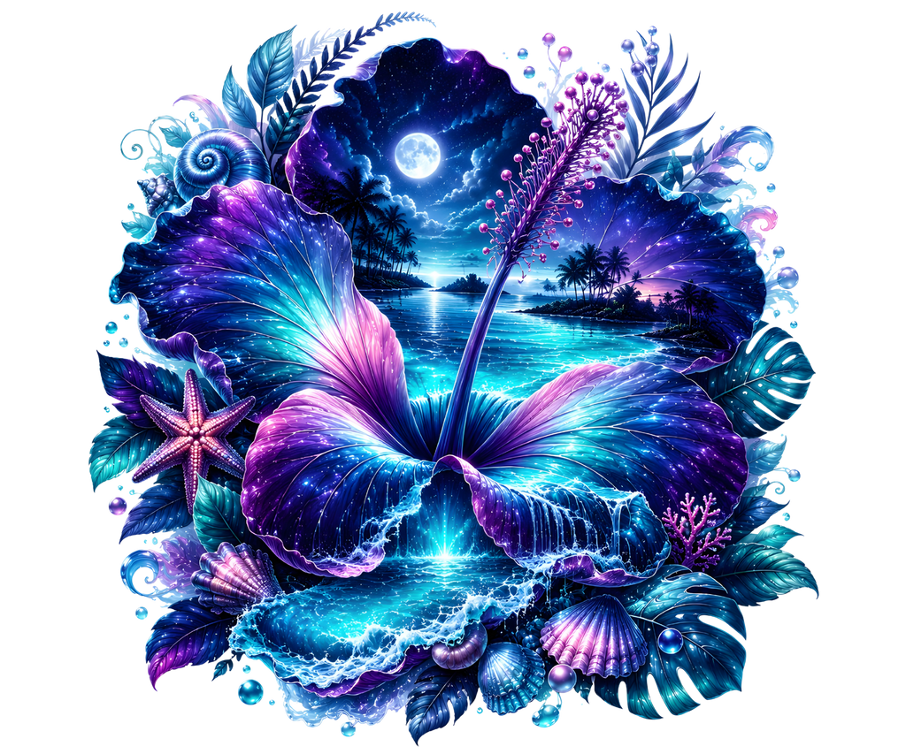 Double Exposure Tropical Hibiscus Heat Transfer Ready to Press