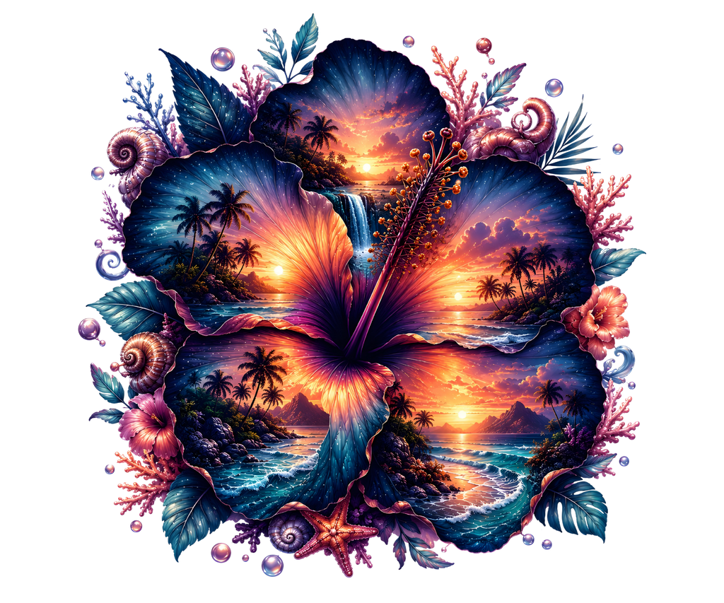 Double Exposure Tropical Hibiscus Heat Transfer Ready to Press