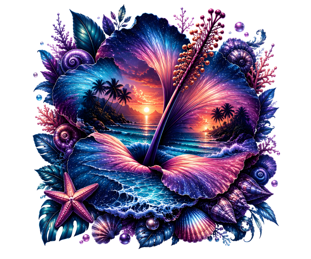 Double Exposure Tropical Hibiscus Heat Transfer Ready to Press