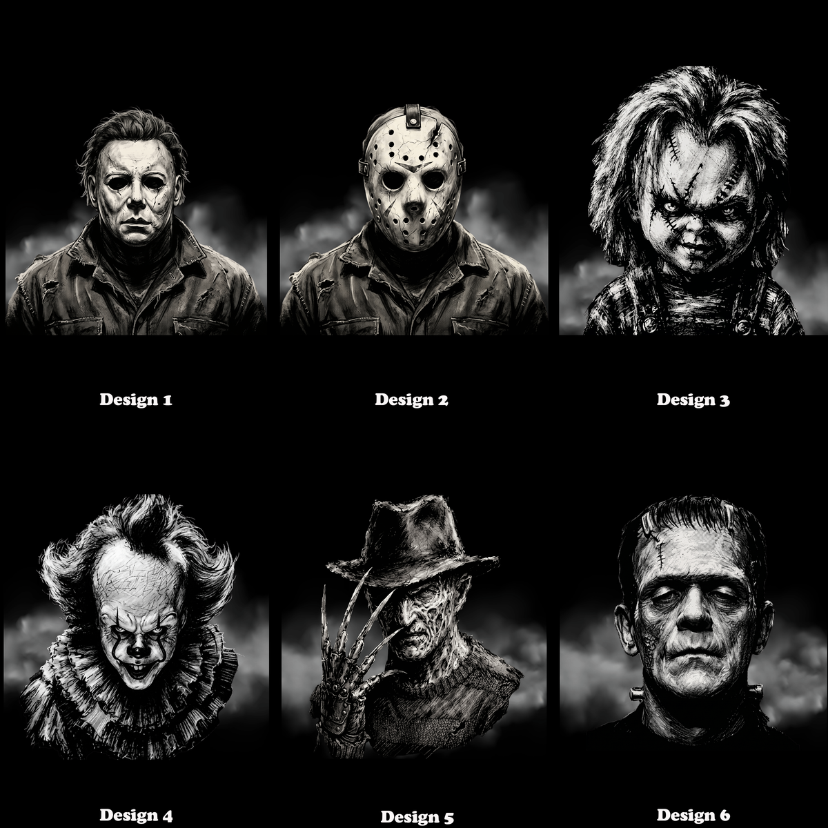 Black & White Horror Icons Graphic T-shirt S-5X Black Only